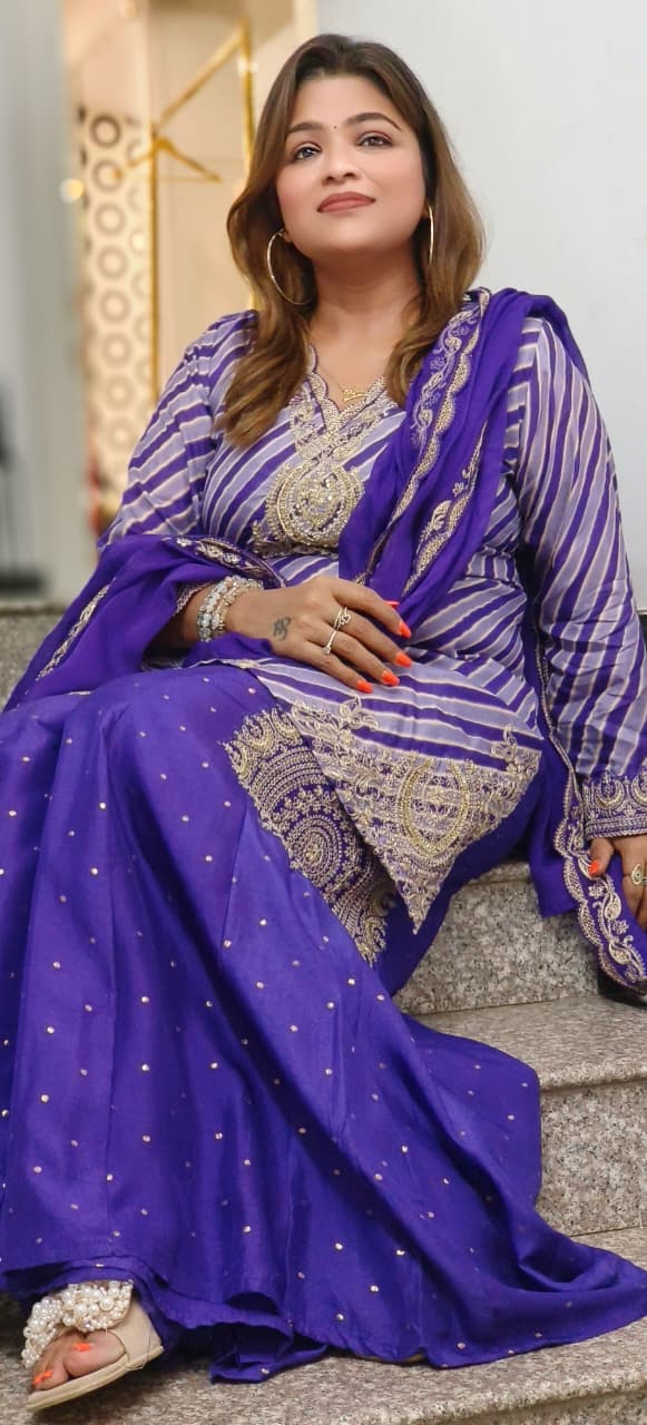 Zari Embroidered Leheriya Full Suit Set With Bordered Dupatta & Beautifully Worked Flared Panel Palazzo Bottom In HO Silk Fabric- 11459