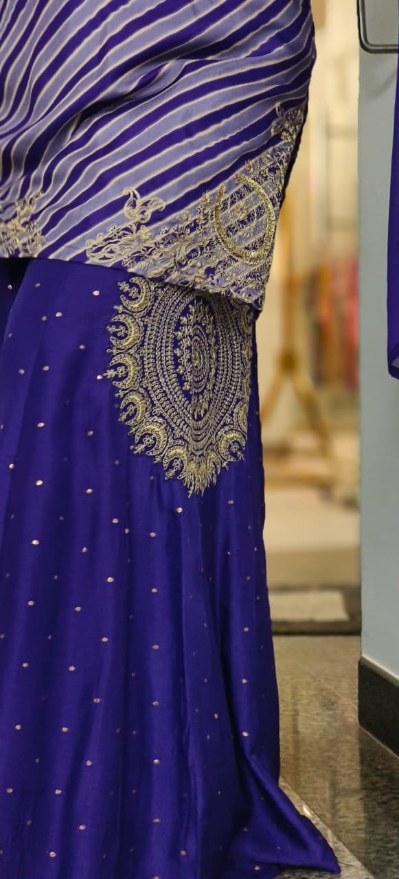 Zari Embroidered Leheriya Full Suit Set With Bordered Dupatta & Beautifully Worked Flared Panel Palazzo Bottom In HO Silk Fabric- 11459