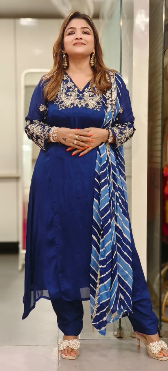 Peacock Zardosi Work A-Line Full Suit Set With Striped Dupatta In Chinon Fabric- 11784, 11783