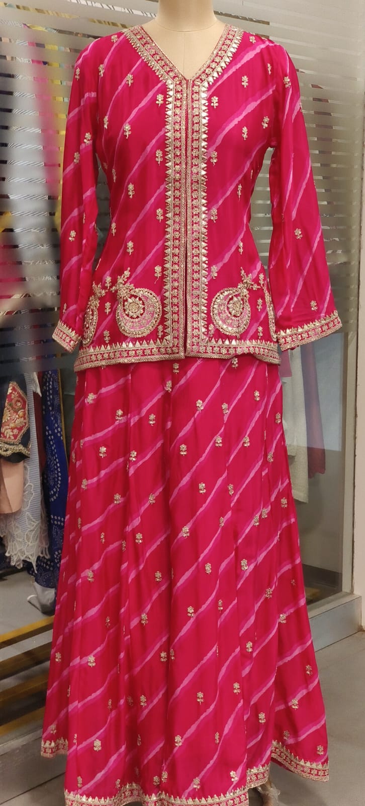Complete Zardosi Beautifully Patterned Leheriya Short Length Kurta With Skirt Look Flared Palazzo Bottom & Bordered Dupatta In Chinon Fabric
