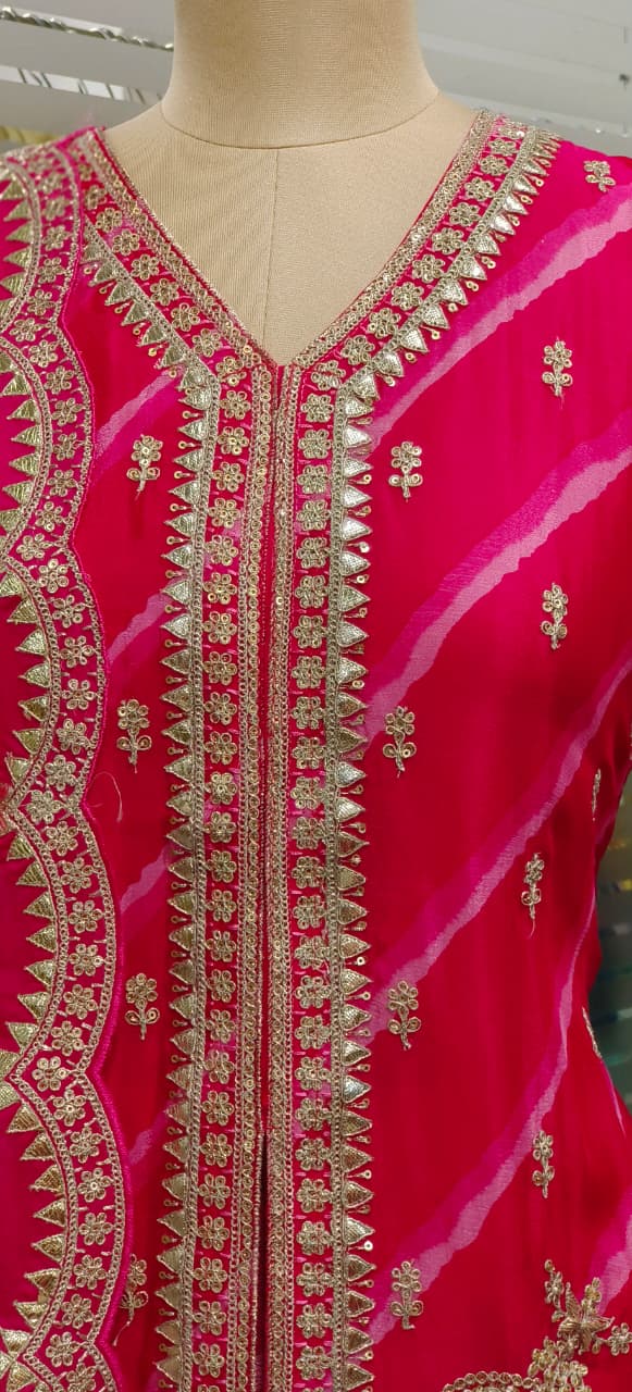 Complete Zardosi Beautifully Patterned Leheriya Short Length Kurta With Skirt Look Flared Palazzo Bottom & Bordered Dupatta In Chinon Fabric