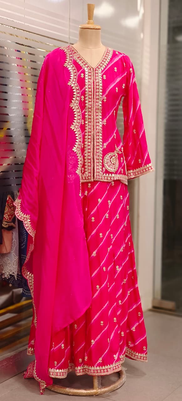 Complete Zardosi Beautifully Patterned Leheriya Short Length Kurta With Skirt Look Flared Palazzo Bottom & Bordered Dupatta In Chinon Fabric