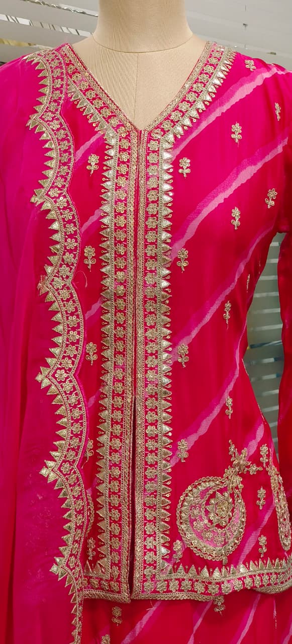 Complete Zardosi Beautifully Patterned Leheriya Short Length Kurta With Skirt Look Flared Palazzo Bottom & Bordered Dupatta In Chinon Fabric