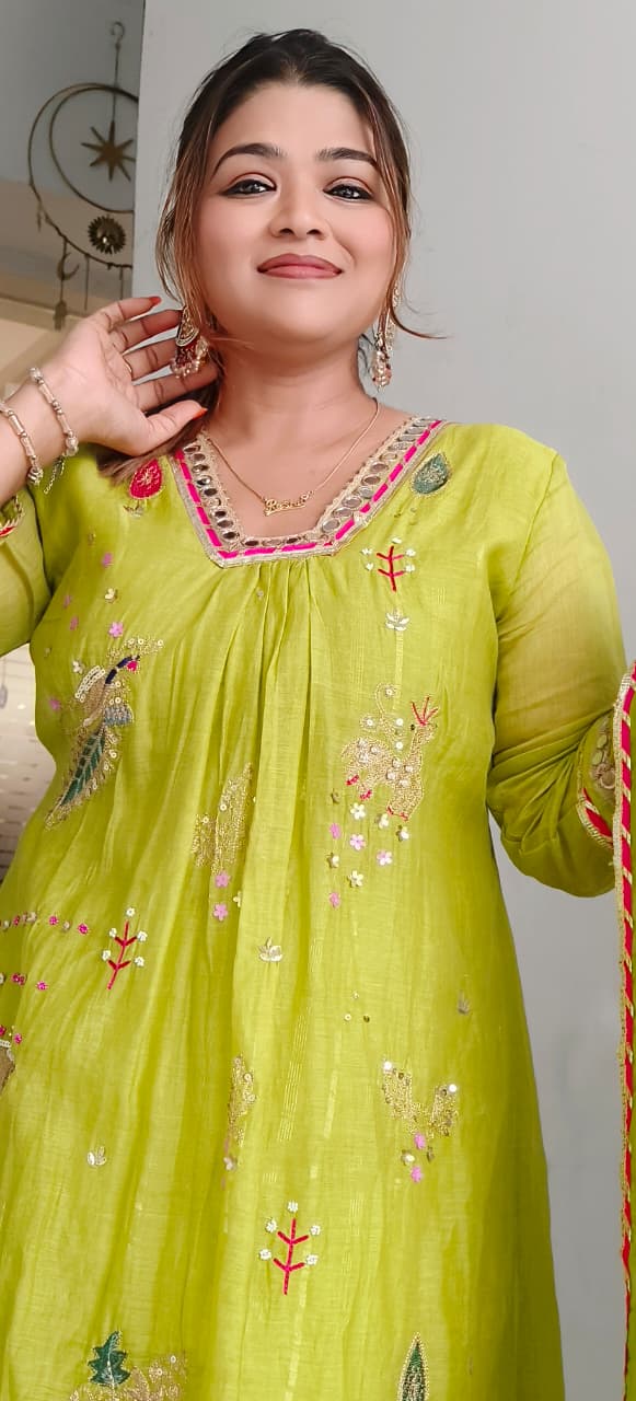 Beautiful Real Mirror V-Neck Embroidered Full Suit Set With Dupatta In Mul Chanderi Fabric- 10795, 10796