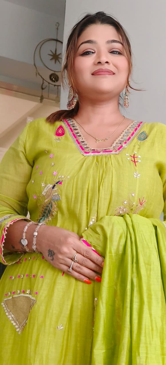 Beautiful Real Mirror V-Neck Embroidered Full Suit Set With Dupatta In Mul Chanderi Fabric- 10795, 10796