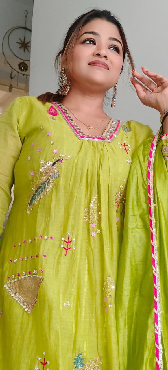 Beautiful Real Mirror V-Neck Embroidered Full Suit Set With Dupatta In Mul Chanderi Fabric- 10795, 10796