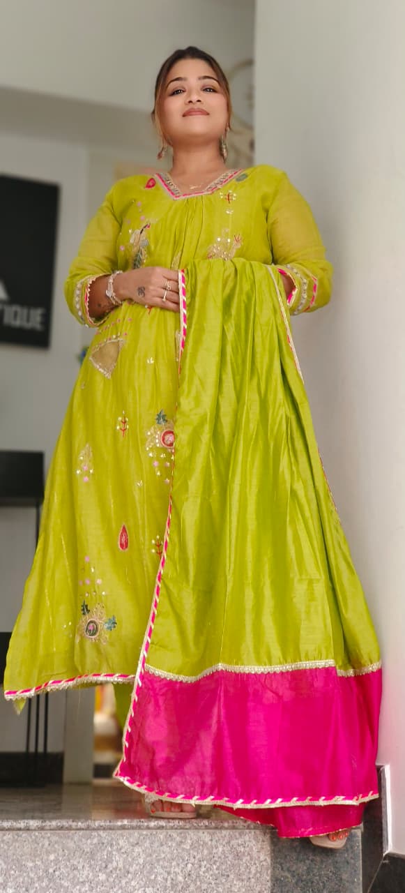 Beautiful Real Mirror V-Neck Embroidered Full Suit Set With Dupatta In Mul Chanderi Fabric- 10795, 10796