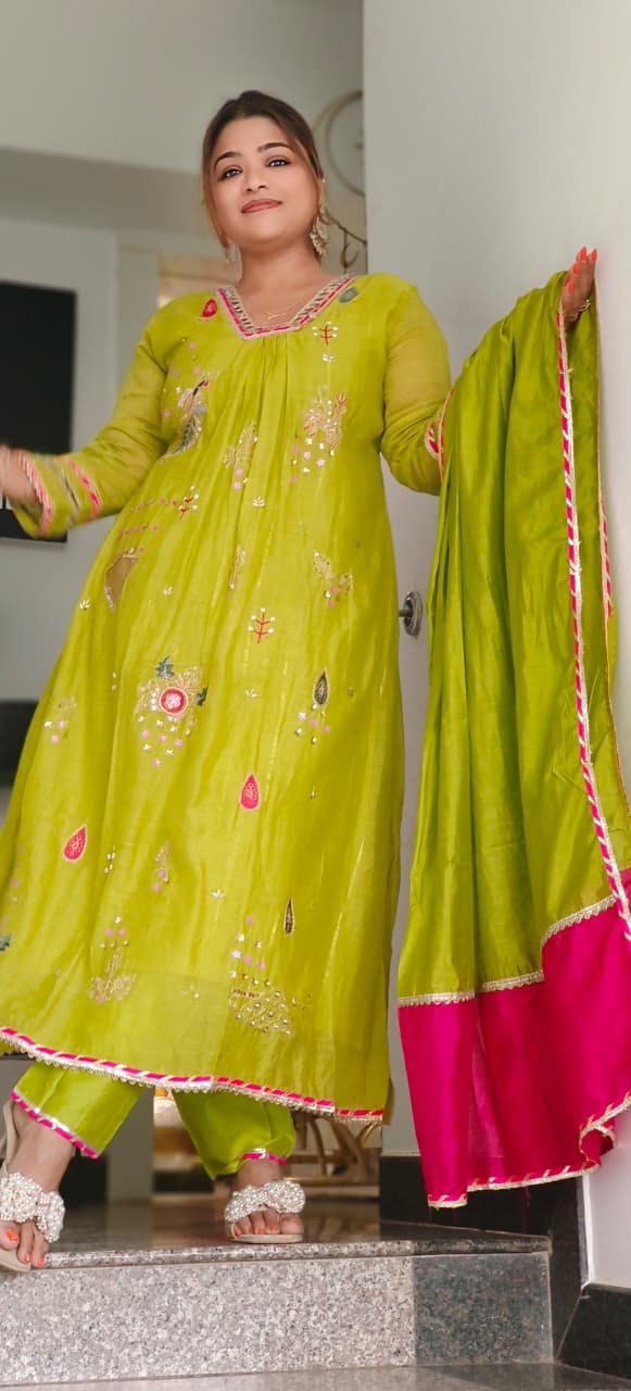 Beautiful Real Mirror V-Neck Embroidered Full Suit Set With Dupatta In Mul Chanderi Fabric- 10795, 10796