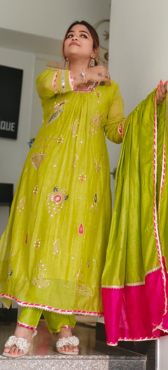 Beautiful Real Mirror V-Neck Embroidered Full Suit Set With Dupatta In Mul Chanderi Fabric- 10795, 10796