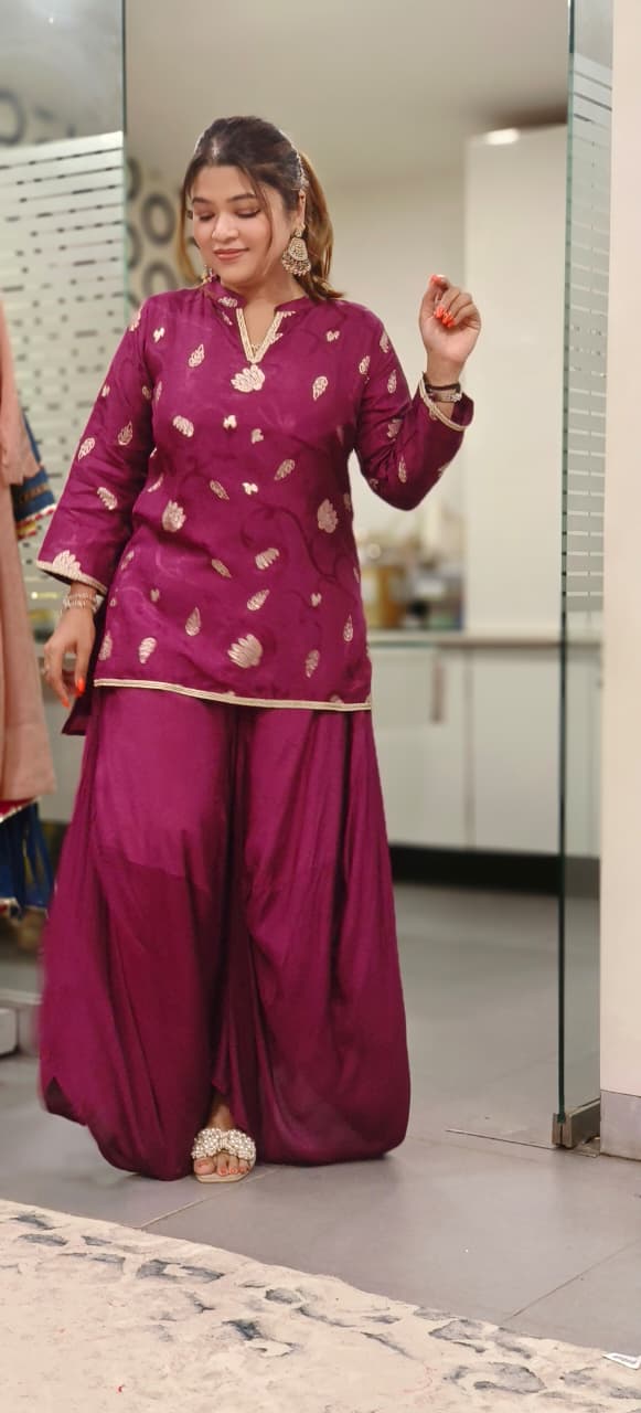Tissue In Brocade Touch Mandarin Collared Kurta With Cowl Style Skirt With Minimal Border In Silk Fabric- 11816, 11815