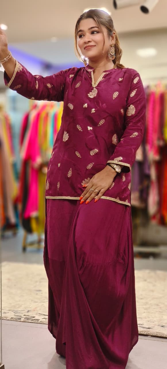 Tissue In Brocade Touch Mandarin Collared Kurta With Cowl Style Skirt With Minimal Border In Silk Fabric- 11816, 11815