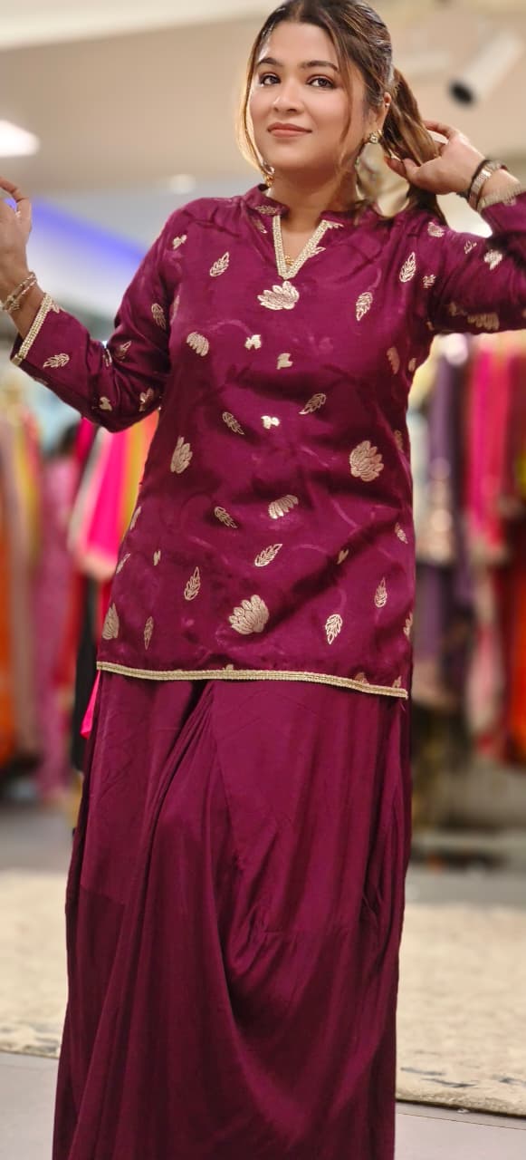 Tissue In Brocade Touch Mandarin Collared Kurta With Cowl Style Skirt With Minimal Border In Silk Fabric- 11816, 11815