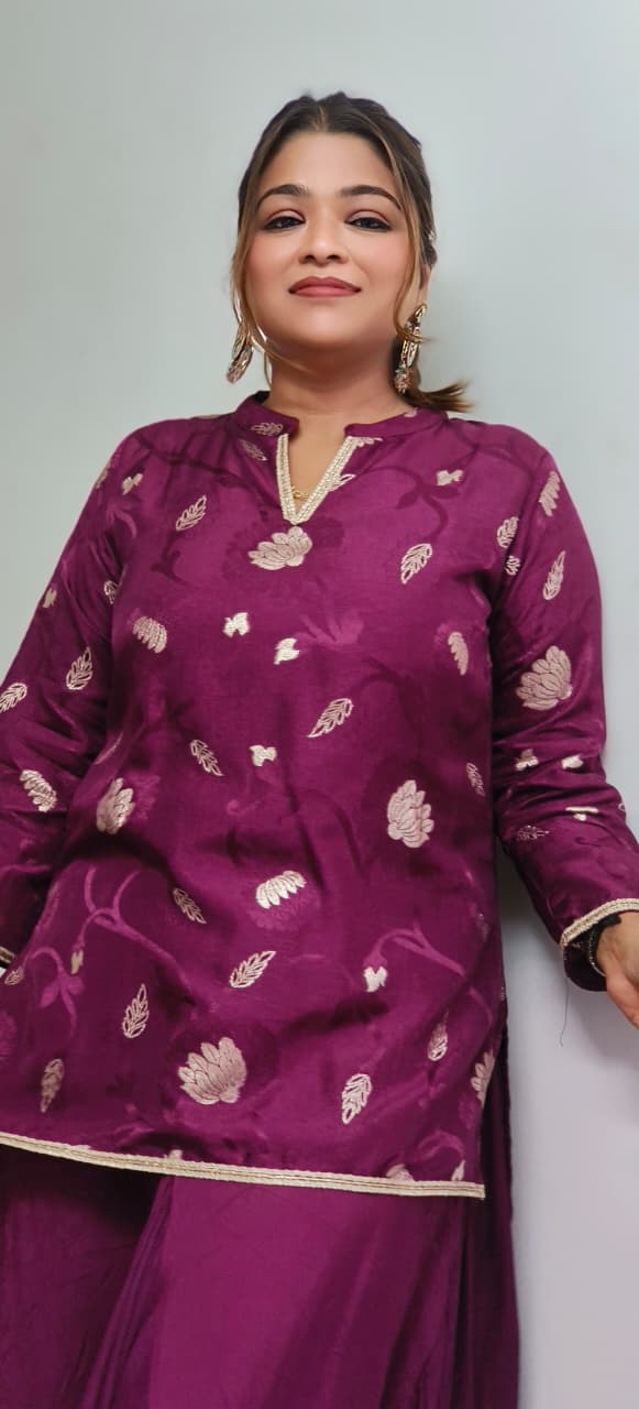 Tissue In Brocade Touch Mandarin Collared Kurta With Cowl Style Skirt With Minimal Border In Silk Fabric- 11816, 11815