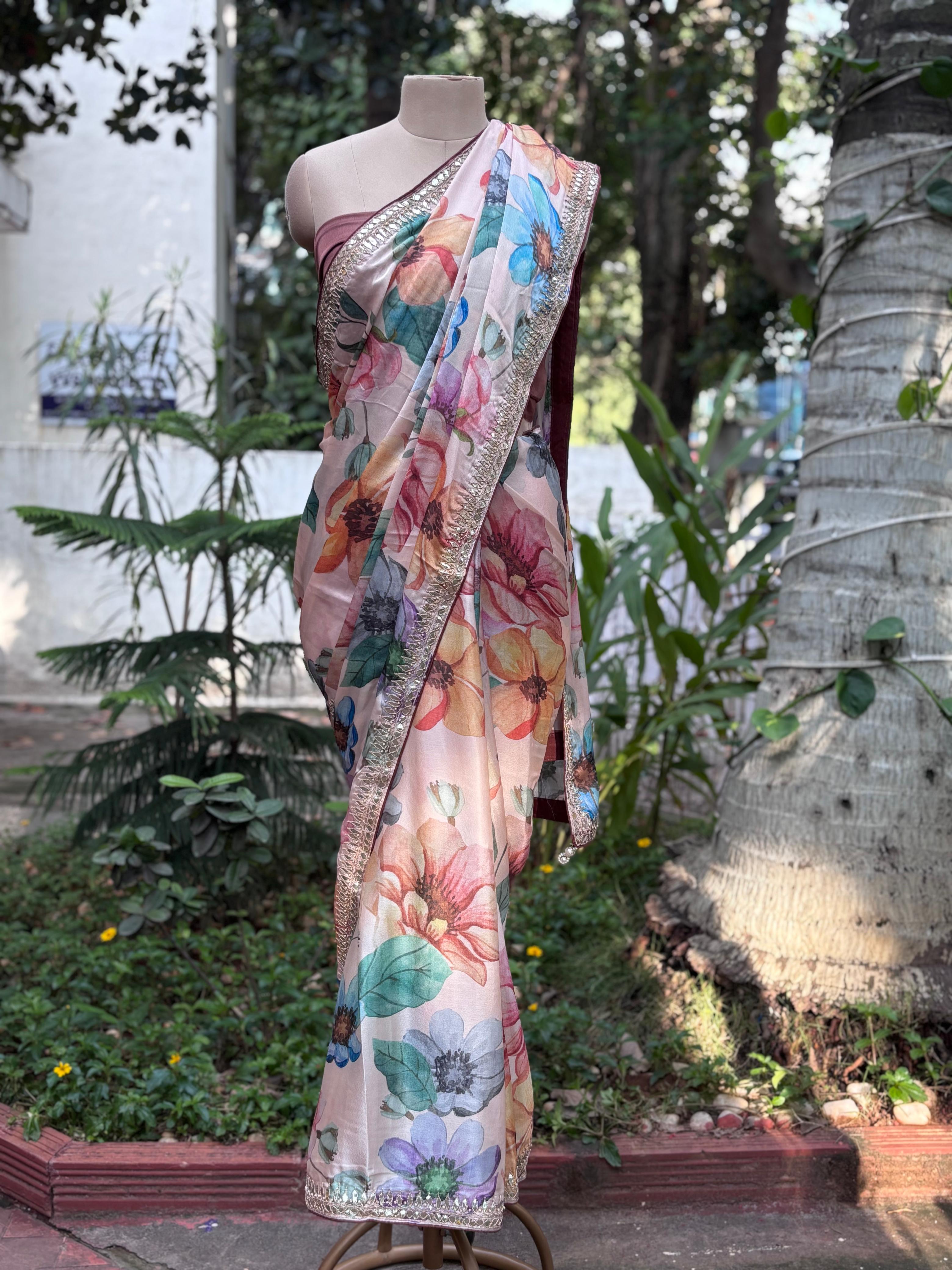 Very Uniquely Worked Digital Floral Prints Saree With Unstitched Blouse