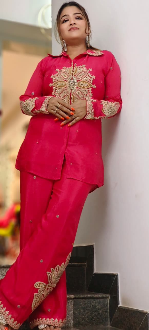 Rangoli Graceful Zardosi Front Work Collared Co-Ord Set In Chinon Fabric- 11825