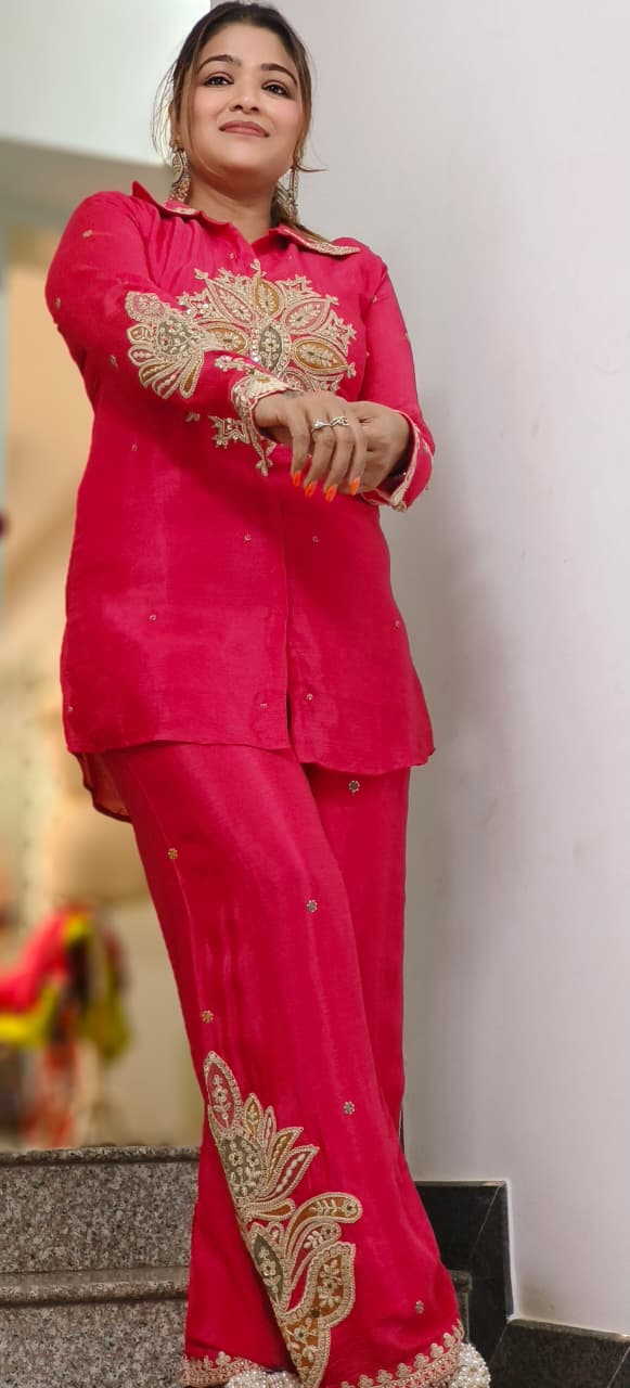 Rangoli Graceful Zardosi Front Work Collared Co-Ord Set In Chinon Fabric- 11825