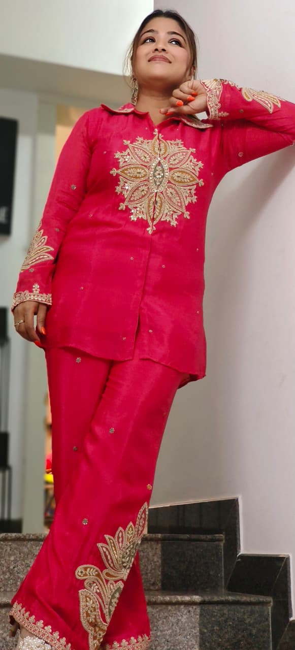 Rangoli Graceful Zardosi Front Work Collared Co-Ord Set In Chinon Fabric- 11825