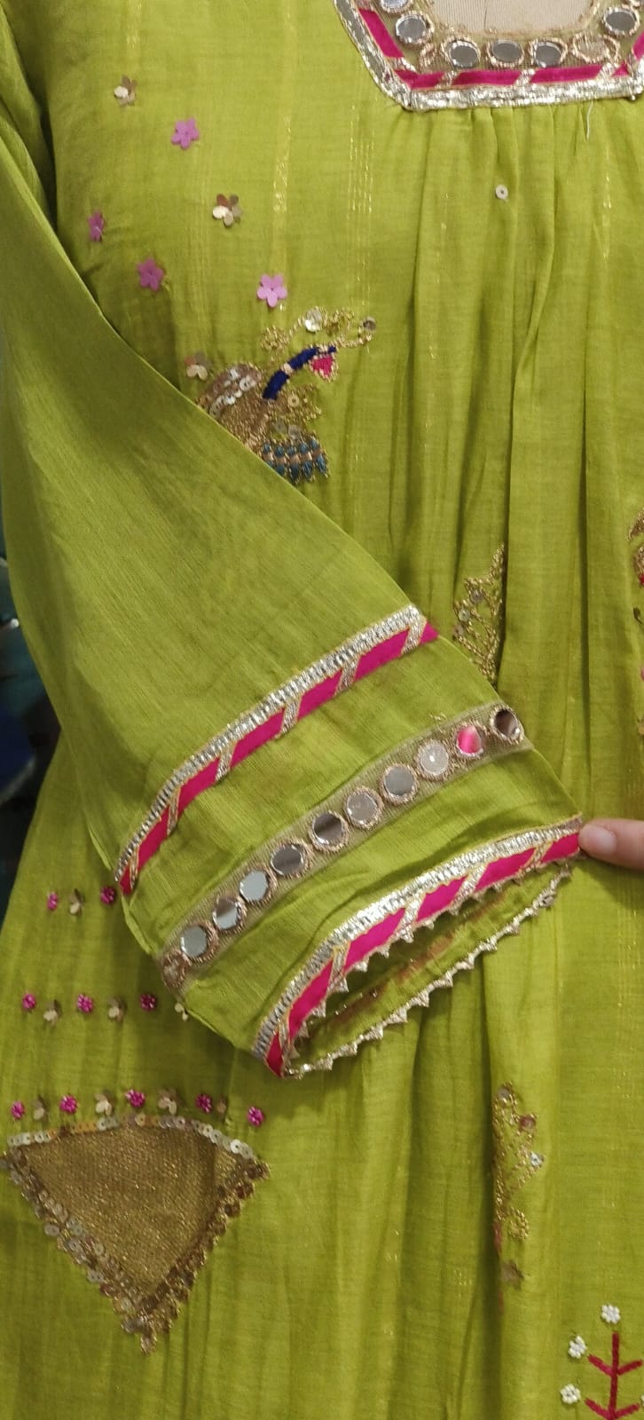 Beautiful Real Mirror V-Neck Embroidered Full Suit Set With Dupatta In Mul Chanderi Fabric- 10795, 10796