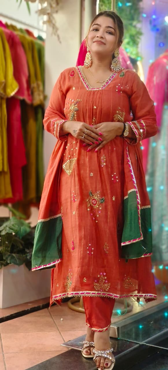 Beautiful Real Mirror V-Neck Embroidered Full Suit Set With Dupatta In Mul Chanderi Fabric- 10795, 10796