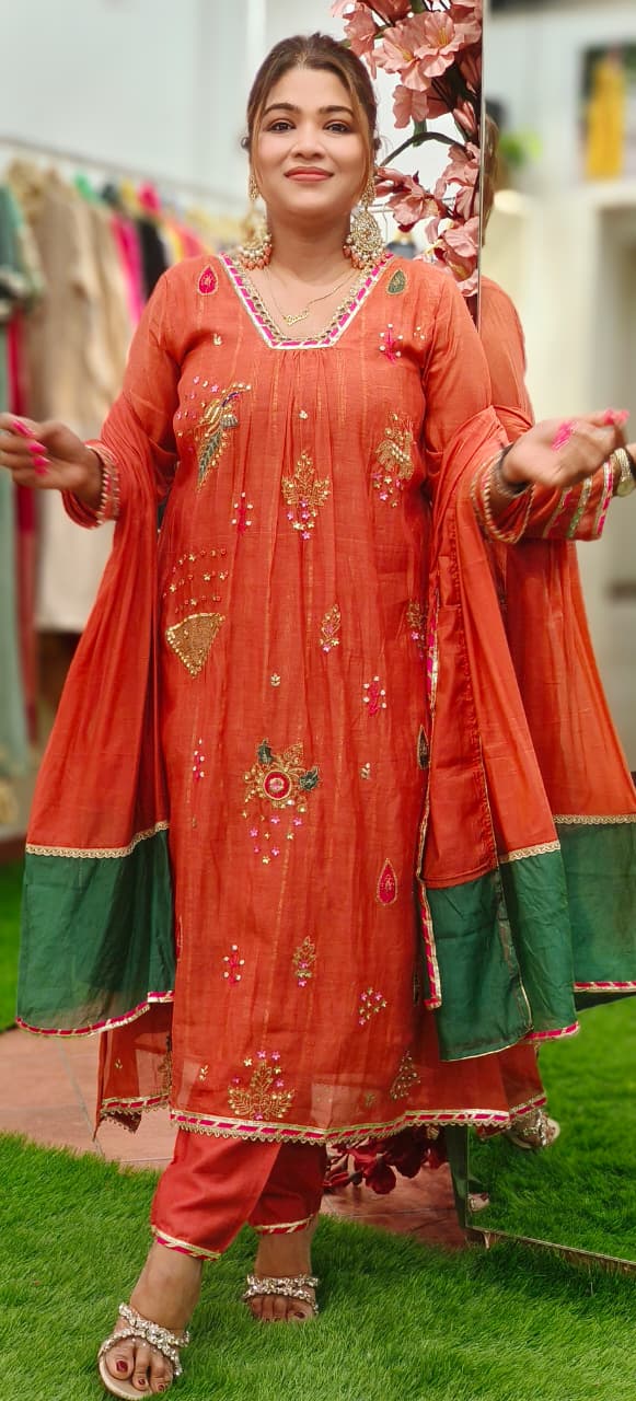 Beautiful Real Mirror V-Neck Embroidered Full Suit Set With Dupatta In Mul Chanderi Fabric- 10795, 10796