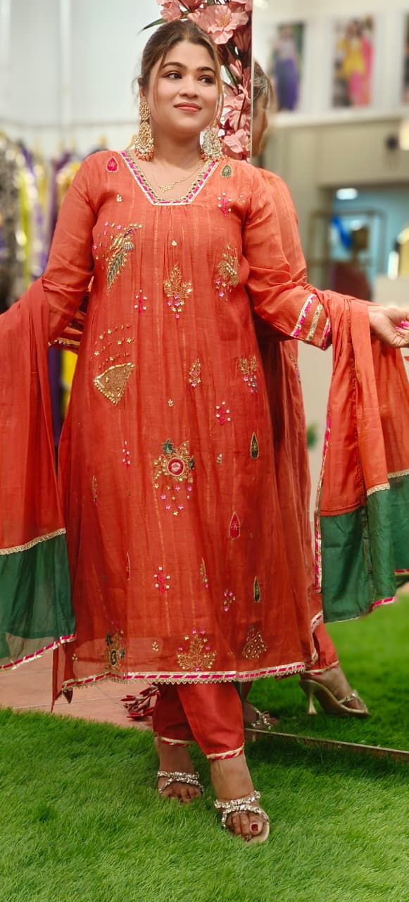 Beautiful Real Mirror V-Neck Embroidered Full Suit Set With Dupatta In Mul Chanderi Fabric- 10795, 10796