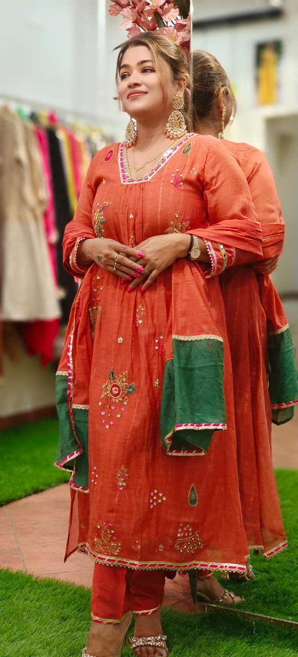 Beautiful Real Mirror V-Neck Embroidered Full Suit Set With Dupatta In Mul Chanderi Fabric- 10795, 10796