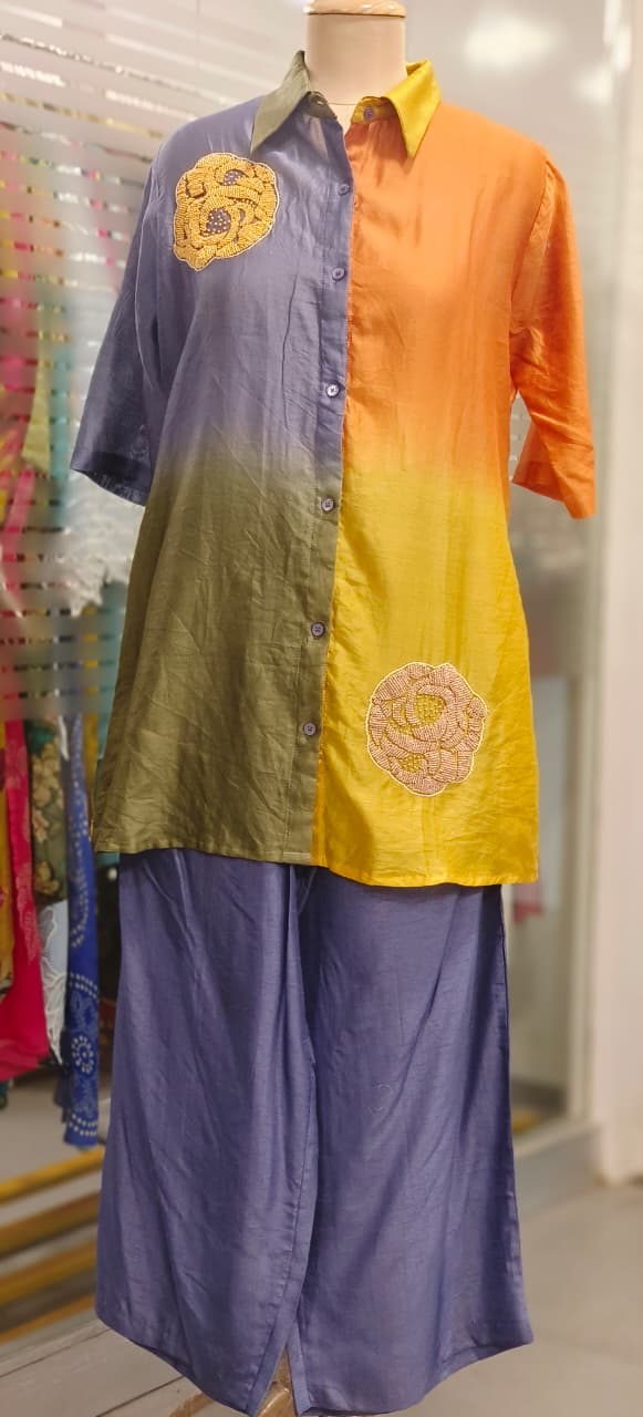 Multicolored Ombre Look Pearl Embellished Collared Co-Ord Set