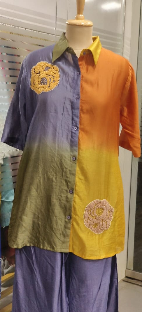 Multicolored Ombre Look Pearl Embellished Collared Co-Ord Set