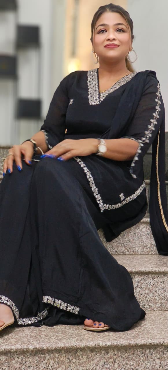 Sequenced Real Mirror Elegance Short Length Kurta With Loose Palazzo Bottom & Dupatta In Georgette Fabric- 11947