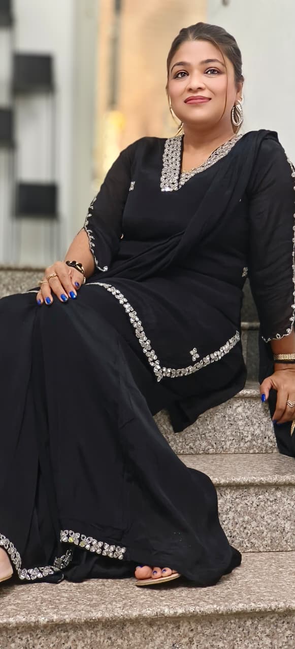 Sequenced Real Mirror Elegance Short Length Kurta With Loose Palazzo Bottom & Dupatta In Georgette Fabric- 11947