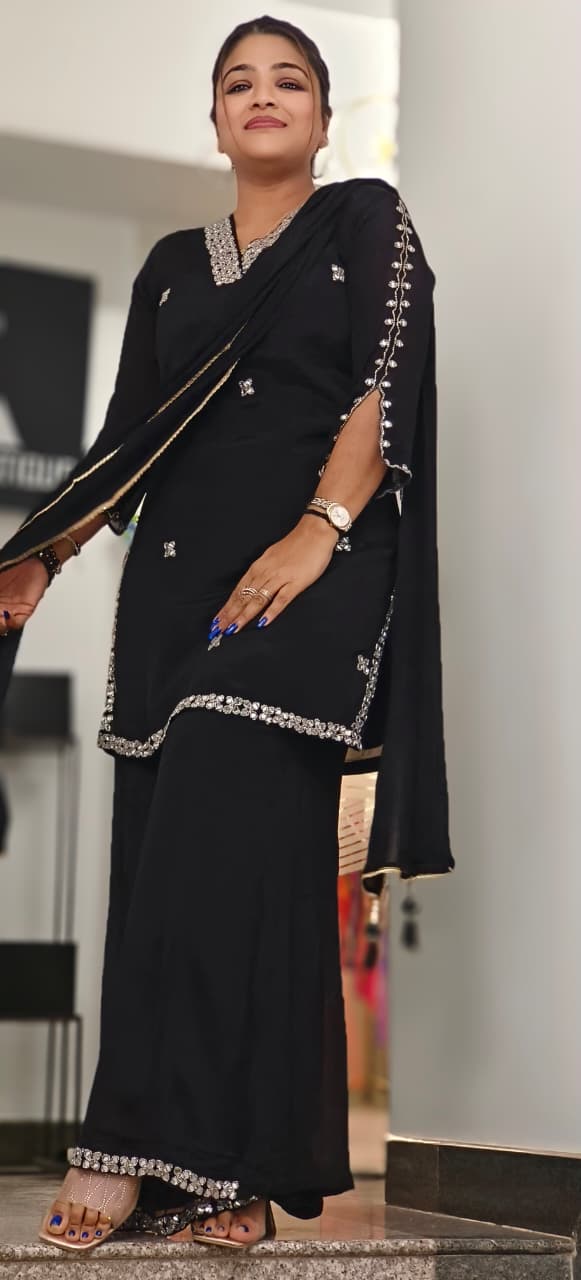 Sequenced Real Mirror Elegance Short Length Kurta With Loose Palazzo Bottom & Dupatta In Georgette Fabric- 11947