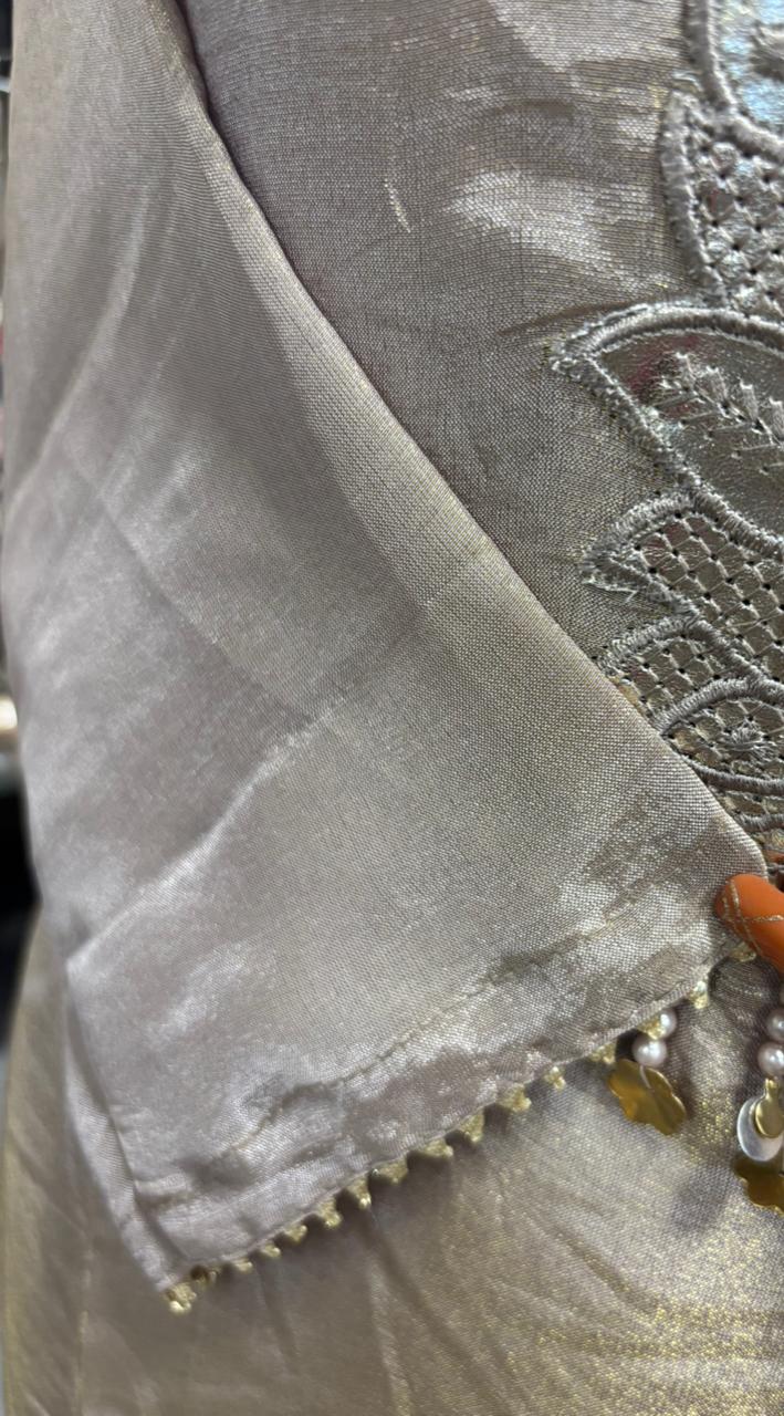Leather Work Pearl Tassel Cut Work Full Suit Set With Dupatta In Tissue Fabric- 11968, 11969, 11970