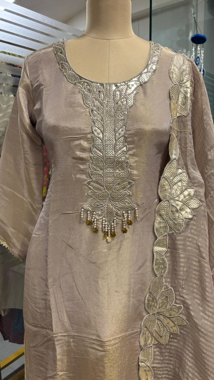 Leather Work Pearl Tassel Cut Work Full Suit Set With Dupatta In Tissue Fabric- 11968, 11969, 11970