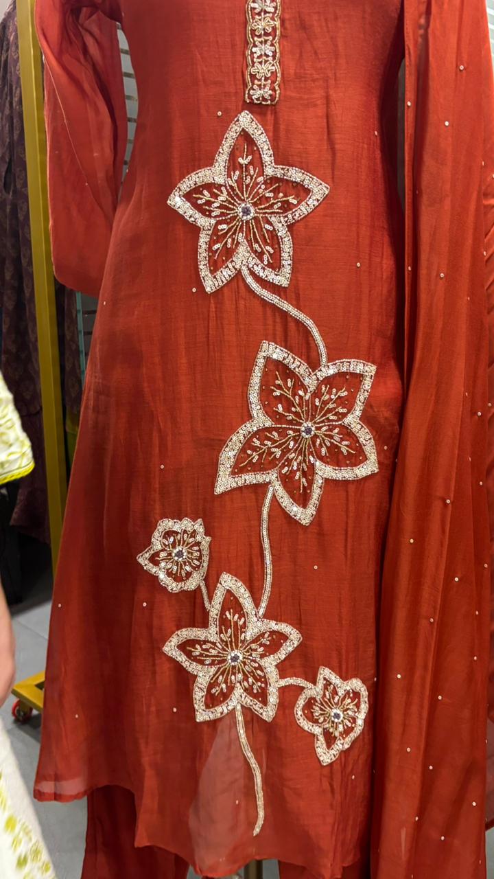 Giant Floral Sequin Work Neck Line Full Suit Set With Dupatta In Mul Chanderi Fabric- 11955, 11943