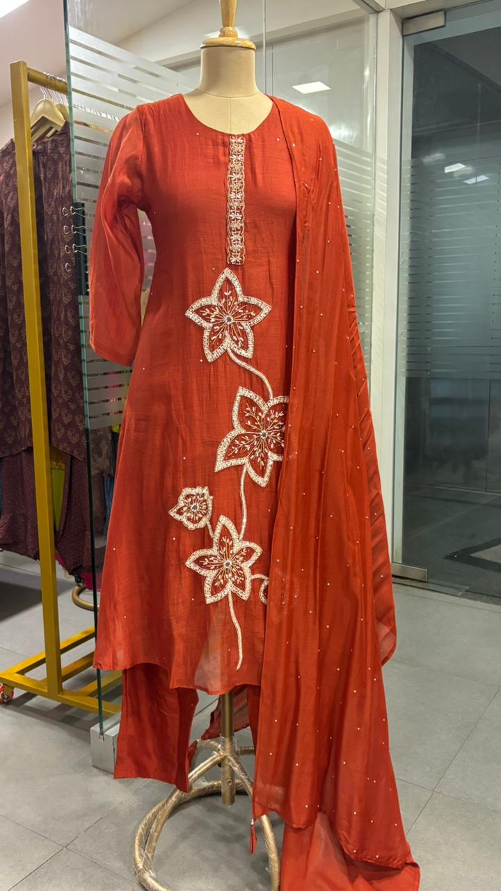 Giant Floral Sequin Work Neck Line Full Suit Set With Dupatta In Mul Chanderi Fabric- 11955, 11943