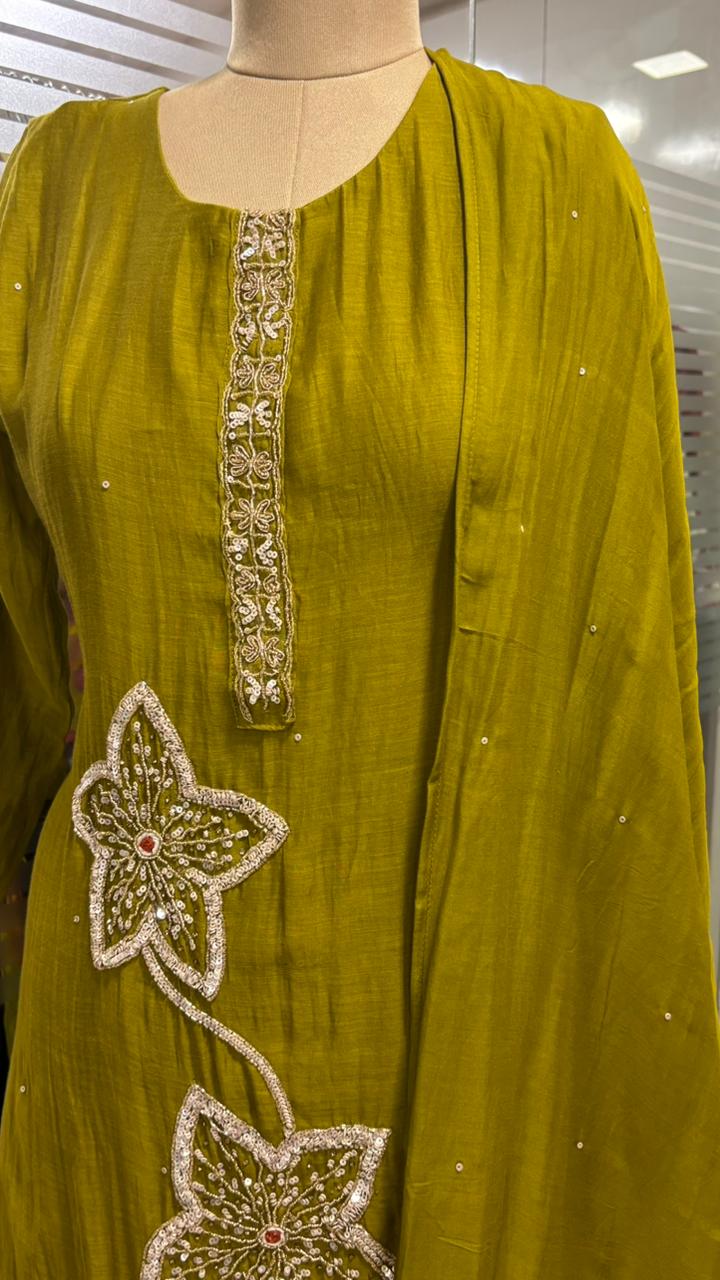Giant Floral Sequin Work Neck Line Full Suit Set With Dupatta In Mul Chanderi Fabric- 11955, 11943