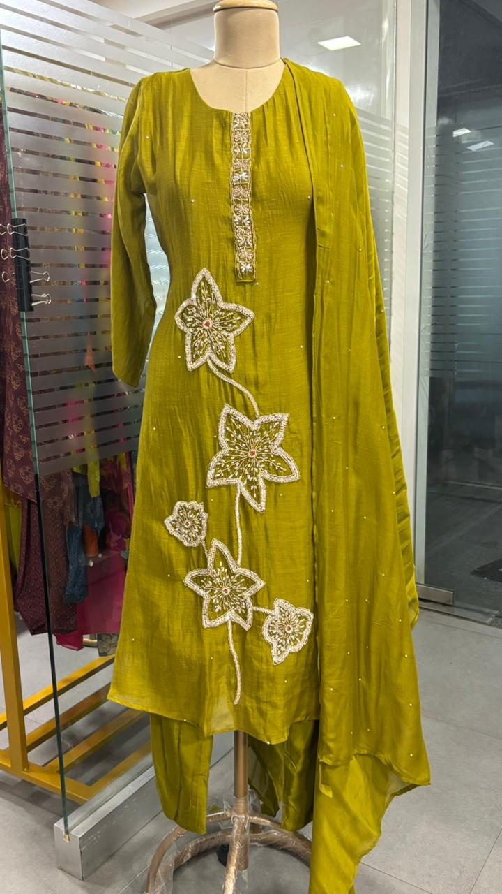 Giant Floral Sequin Work Neck Line Full Suit Set With Dupatta In Mul Chanderi Fabric- 11955, 11943