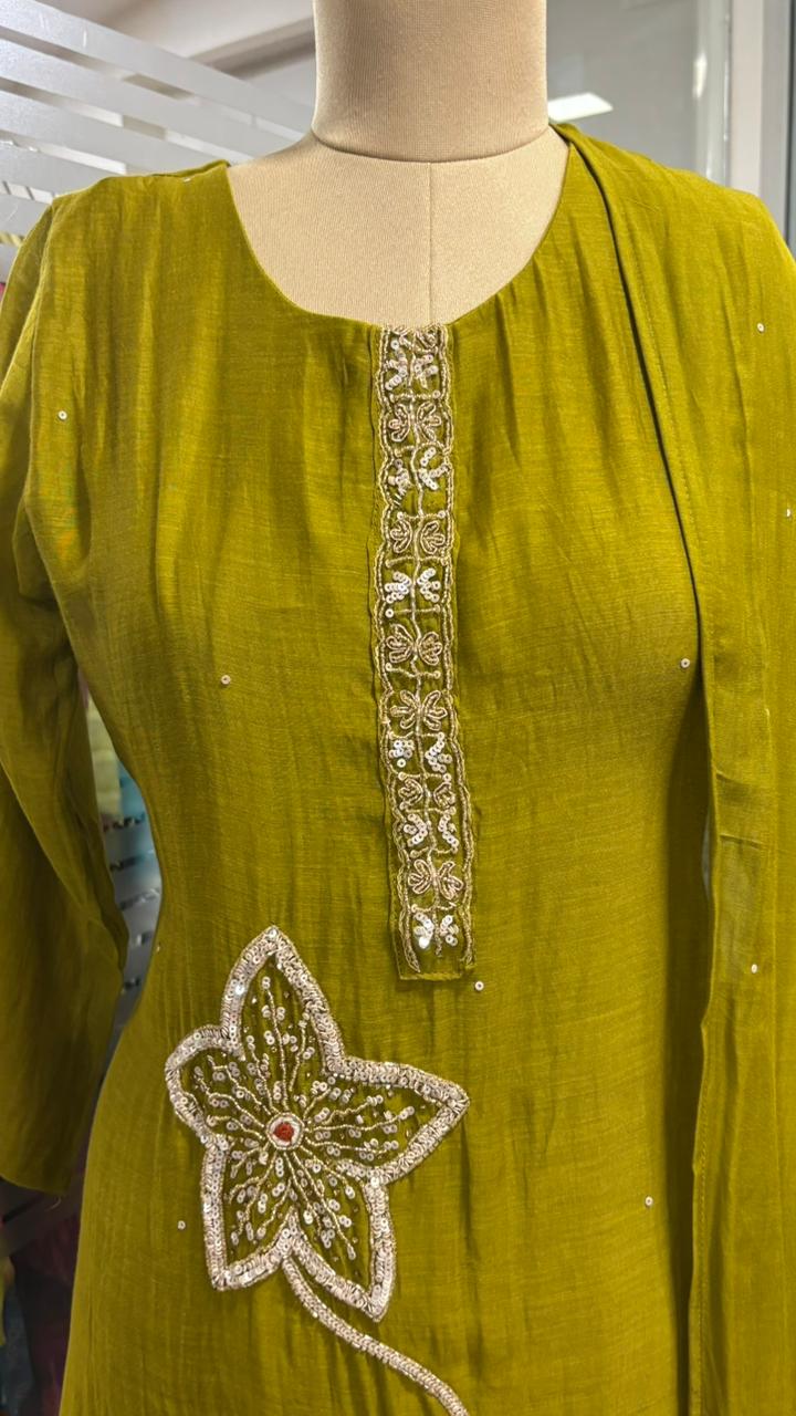 Giant Floral Sequin Work Neck Line Full Suit Set With Dupatta In Mul Chanderi Fabric- 11955, 11943