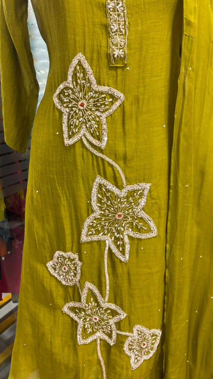 Giant Floral Sequin Work Neck Line Full Suit Set With Dupatta In Mul Chanderi Fabric- 11955, 11943