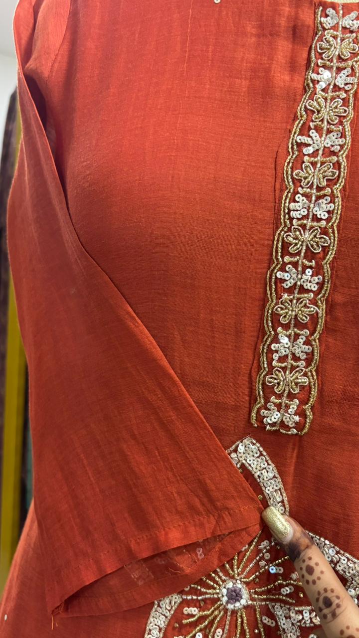 Giant Floral Sequin Work Neck Line Full Suit Set With Dupatta In Mul Chanderi Fabric- 11955, 11943
