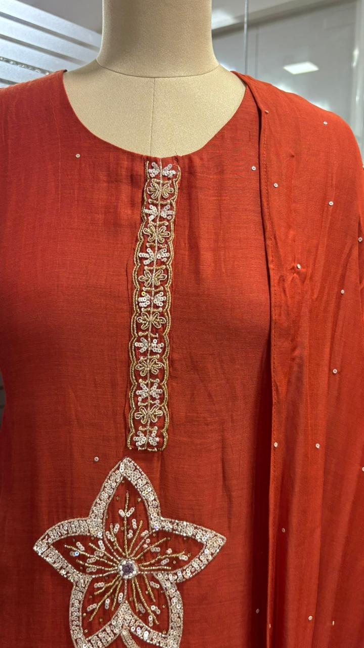 Giant Floral Sequin Work Neck Line Full Suit Set With Dupatta In Mul Chanderi Fabric- 11955, 11943
