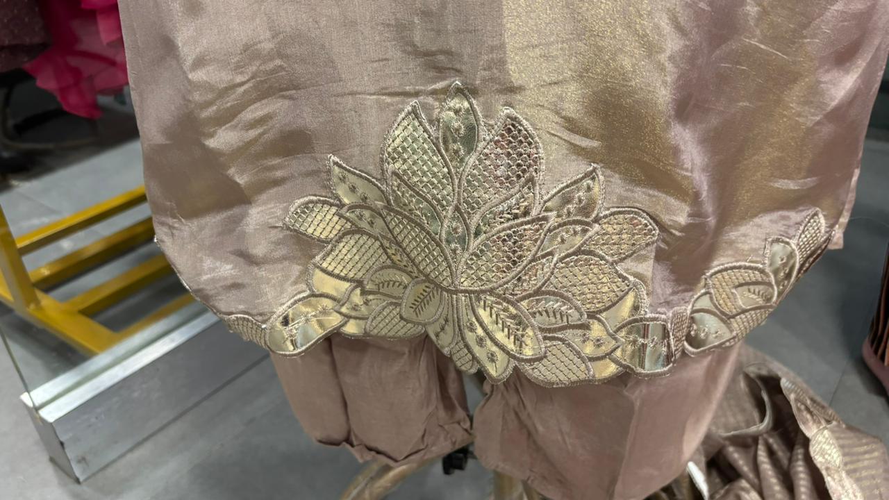Leather Work Pearl Tassel Cut Work Full Suit Set With Dupatta In Tissue Fabric- 11968, 11969, 11970