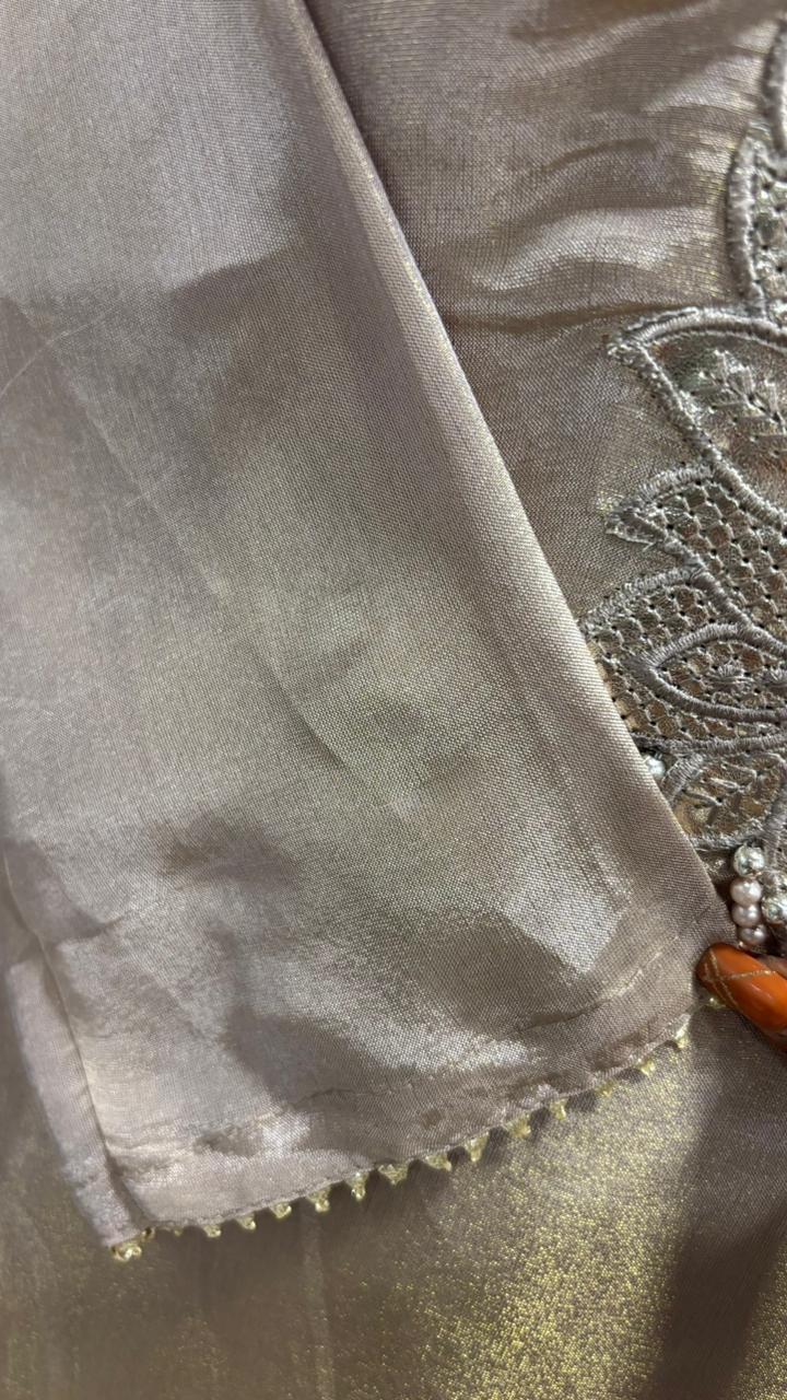 Leather Work Pearl Tassel Cut Work Full Suit Set With Dupatta In Tissue Fabric- 11968, 11969, 11970