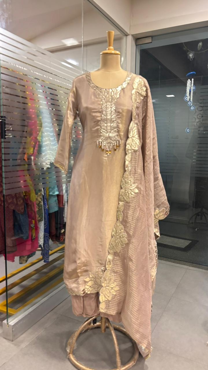 Leather Work Pearl Tassel Cut Work Full Suit Set With Dupatta In Tissue Fabric- 11968, 11969, 11970