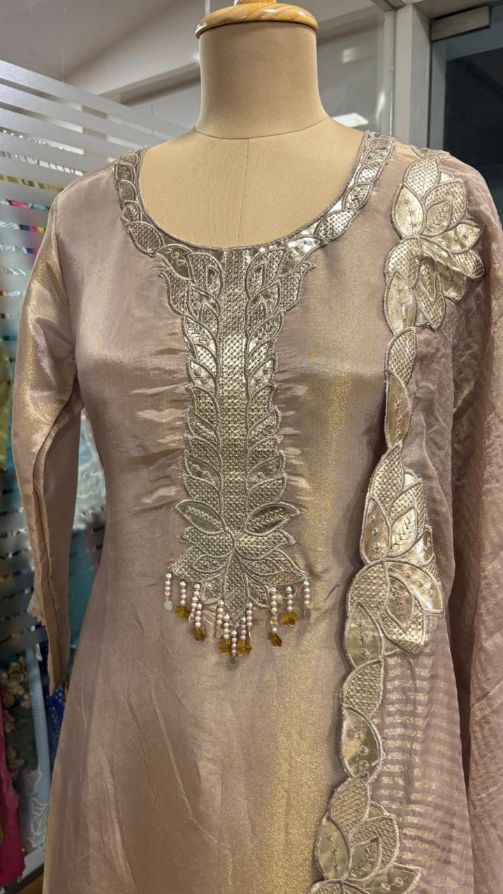 Leather Work Pearl Tassel Cut Work Full Suit Set With Dupatta In Tissue Fabric- 11968, 11969, 11970