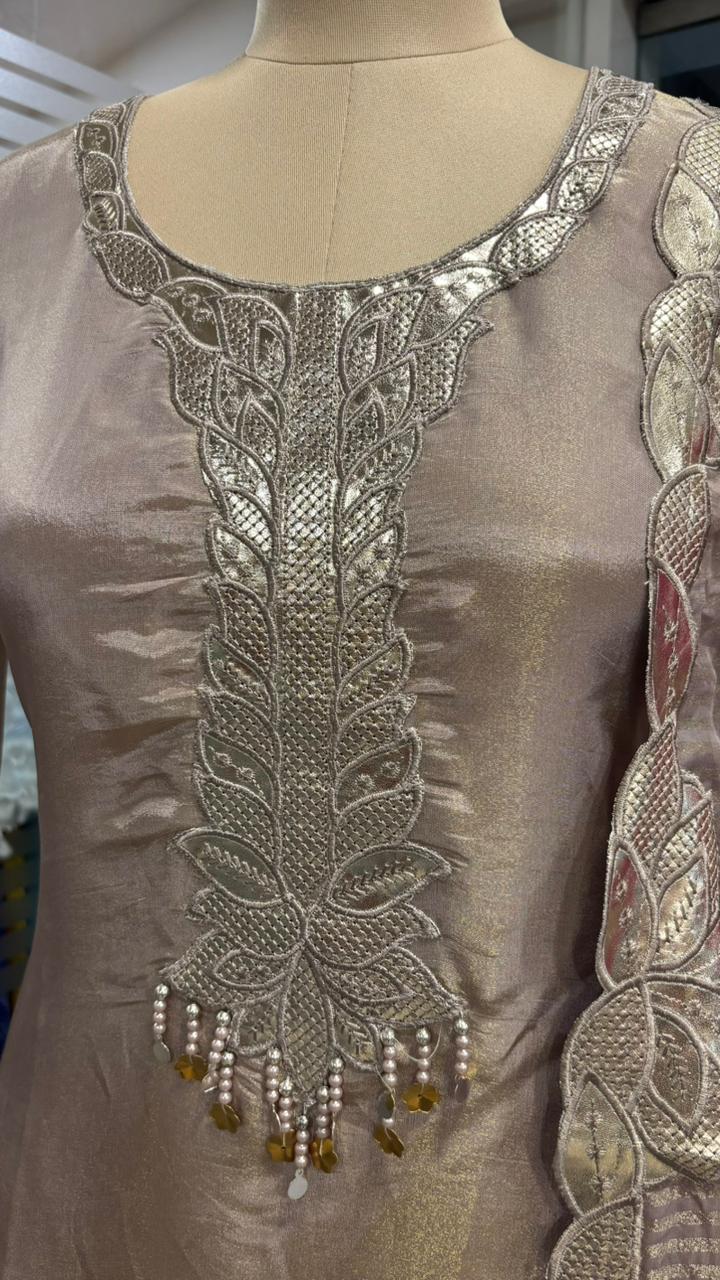 Leather Work Pearl Tassel Cut Work Full Suit Set With Dupatta In Tissue Fabric- 11968, 11969, 11970