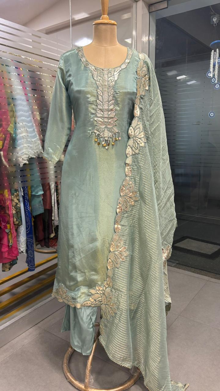 Leather Work Pearl Tassel Cut Work Full Suit Set With Dupatta In Tissue Fabric- 11968, 11969, 11970