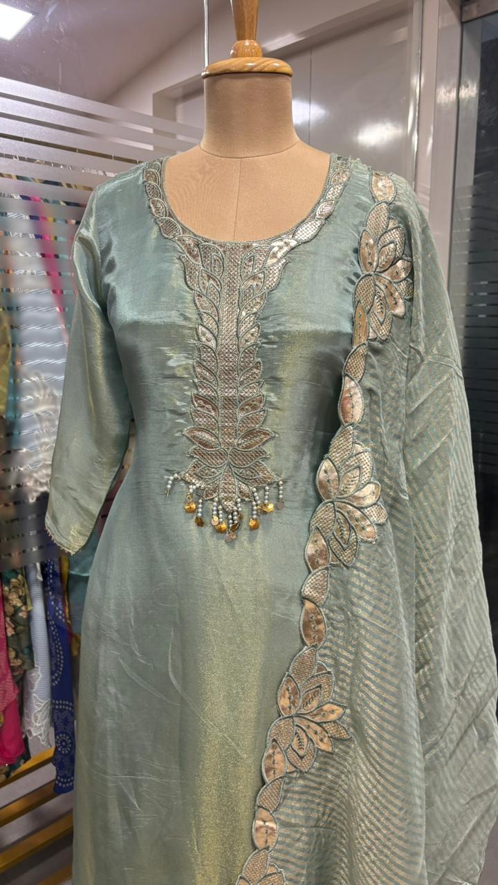 Leather Work Pearl Tassel Cut Work Full Suit Set With Dupatta In Tissue Fabric- 11968, 11969, 11970