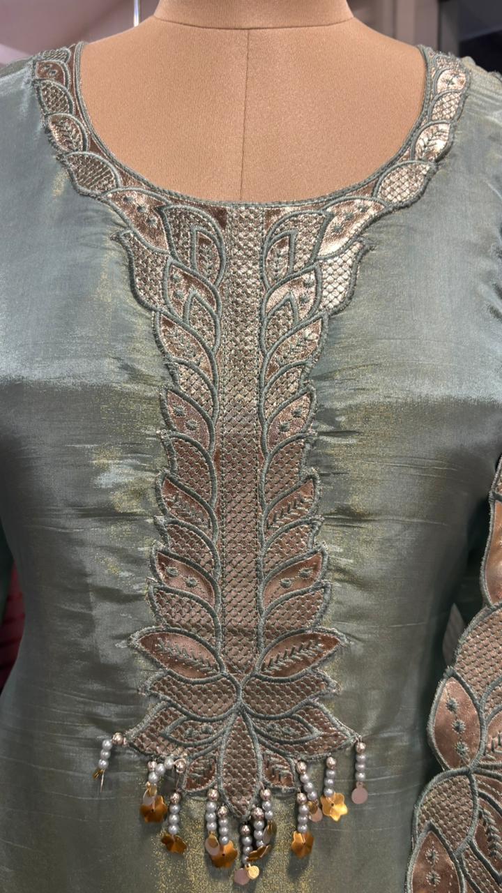 Leather Work Pearl Tassel Cut Work Full Suit Set With Dupatta In Tissue Fabric- 11968, 11969, 11970