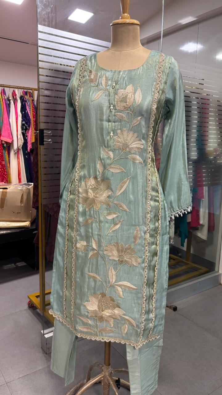 Resam Leaf Embroidered Decent Look Full Suit Set With Dupatta In Tissue Fabric & Pearl Touch- 11971, 11972